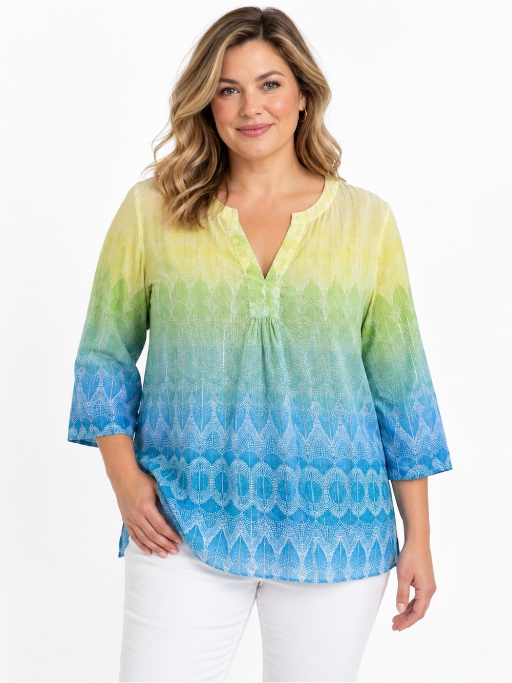 Chico’s Size 3 Ombre Blue Green Yellow Metallic Stripe Tunic Blouse